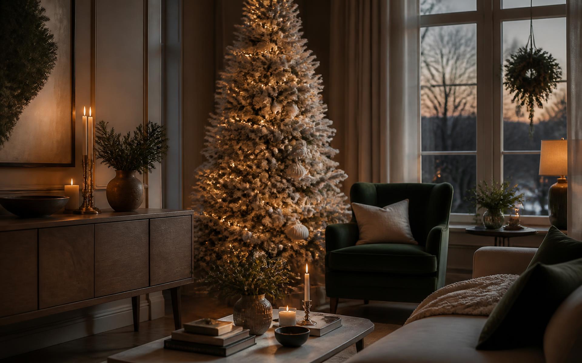 Sala decorada com árvore de Natal nevada e luz quente